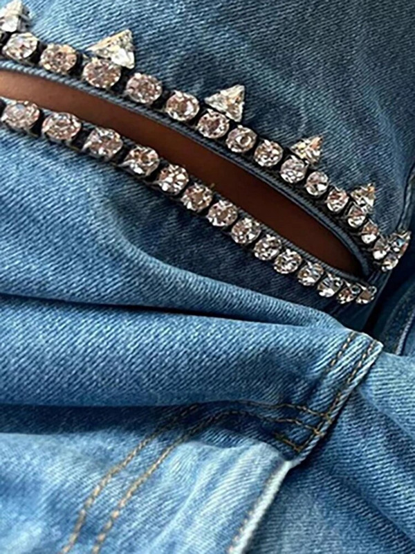 Moda la modă, design fierbinte cu diamante, albastru, relaxat, relaxat, cu talie înaltă, pantaloni cu picioare largi, toamnă/iarnă, blugi pentru femei