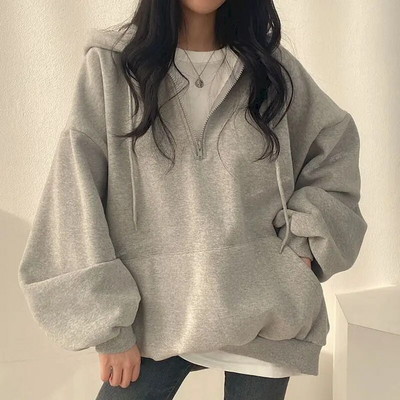 Κορεατικά Fashion Hoodie Oversize Γυναικείες μονόχρωμες κουκούλες casual για γυναίκες 2023 Essential φούτερ με κουκούλα με φερμουάρ για γυναίκες