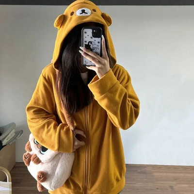 Deeptown Kawaii Zip Up Hoodies Γυναικεία υπερμεγέθη γιαπωνέζικα κορίτσια Preppy φούτερ χαριτωμένα αρκουδάκια Γλυκά κεντημένα μπλουζάκια με Lolita