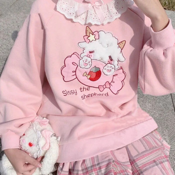 2023 Φθινοπωρινό Γυναικείο Λαιμόκοψη Χαριτωμένα φούτερ Harajuku Kawaii Φούτερ Lolita Girl Ροζ πουλόβερ με αρνί και ζαχαρωτά κεντήματα Sudadera