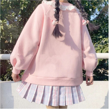 2023 Φθινοπωρινό Γυναικείο Λαιμόκοψη Χαριτωμένα φούτερ Harajuku Kawaii Φούτερ Lolita Girl Ροζ πουλόβερ με αρνί και ζαχαρωτά κεντήματα Sudadera
