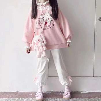 2023 Есен Дамски дантелено деколте Сладки качулки Harajuku Kawaii Суичър Lolita Girl Розов пуловер Агнешко и бонбони Бродерия Sudadera