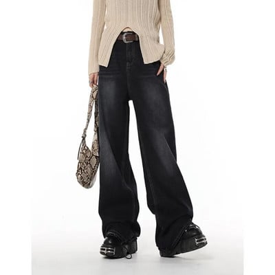 Laisvalaikio stiliaus juodos tiesios vintažinės džinsai aukštu juosmeniu korėjietiško stiliaus kelnės moteriškos plačios kojos, kuprinės Y2K viso ilgio džinsinės kelnės