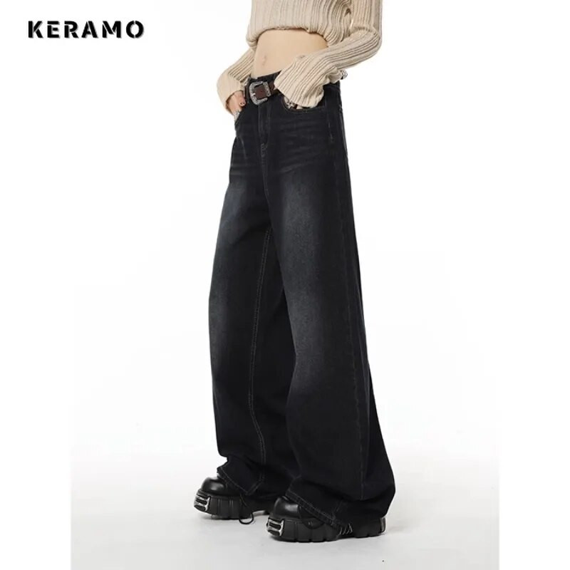 Laisvalaikio stiliaus juodos tiesios vintažinės džinsai aukštu juosmeniu korėjietiško stiliaus kelnės moteriškos plačios kojos, kuprinės Y2K viso ilgio džinsinės kelnės
