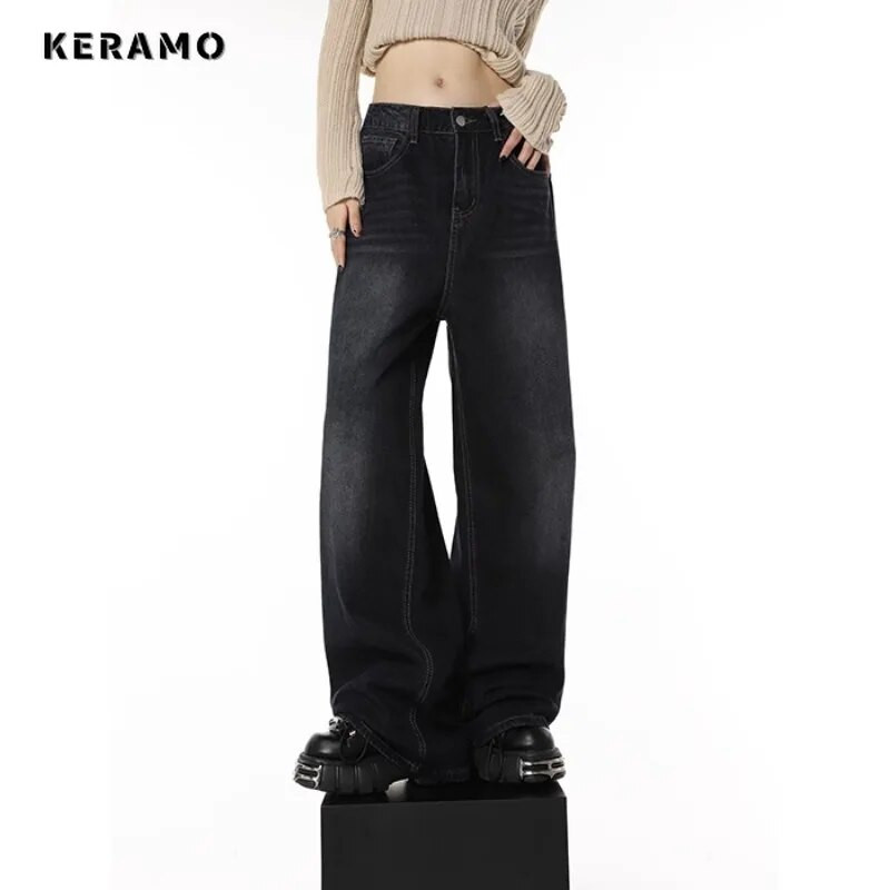 Laisvalaikio stiliaus juodos tiesios vintažinės džinsai aukštu juosmeniu korėjietiško stiliaus kelnės moteriškos plačios kojos, kuprinės Y2K viso ilgio džinsinės kelnės