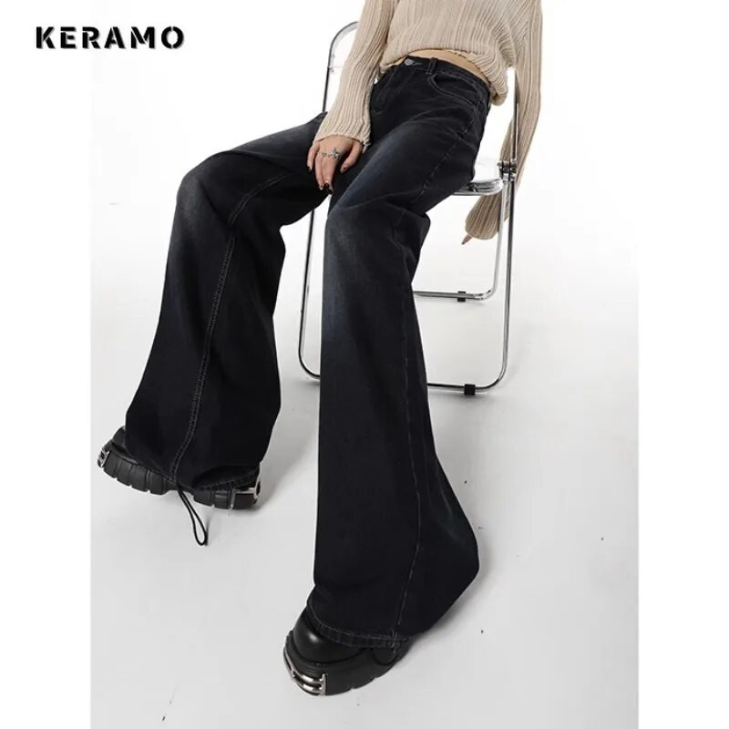 Laisvalaikio stiliaus juodos tiesios vintažinės džinsai aukštu juosmeniu korėjietiško stiliaus kelnės moteriškos plačios kojos, kuprinės Y2K viso ilgio džinsinės kelnės