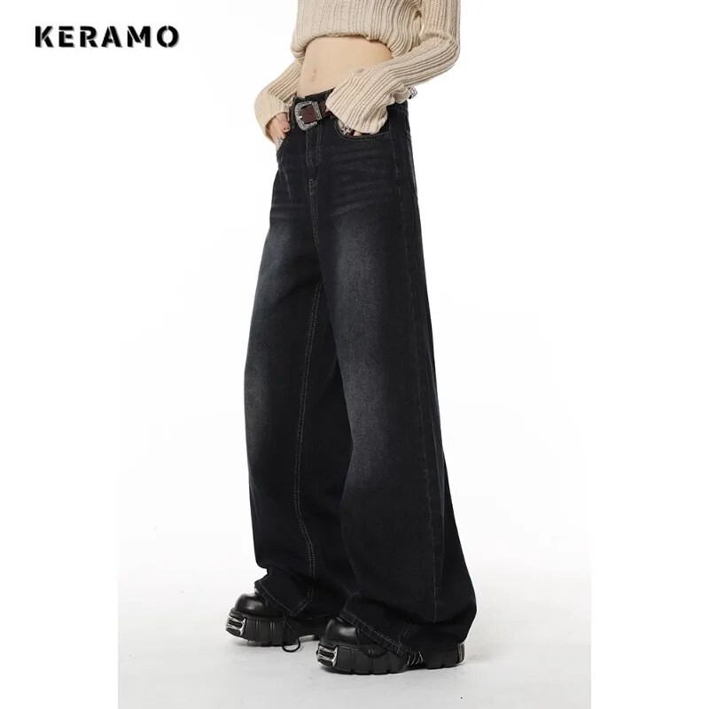 Laisvalaikio stiliaus juodos tiesios vintažinės džinsai aukštu juosmeniu korėjietiško stiliaus kelnės moteriškos plačios kojos, kuprinės Y2K viso ilgio džinsinės kelnės