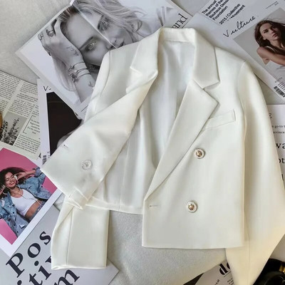 Blazer crop la două piept roz femei coreeană, culoare solidă, costum cu mâneci lungi, haină de birou, jachetă scurtă elegantă, 3xl