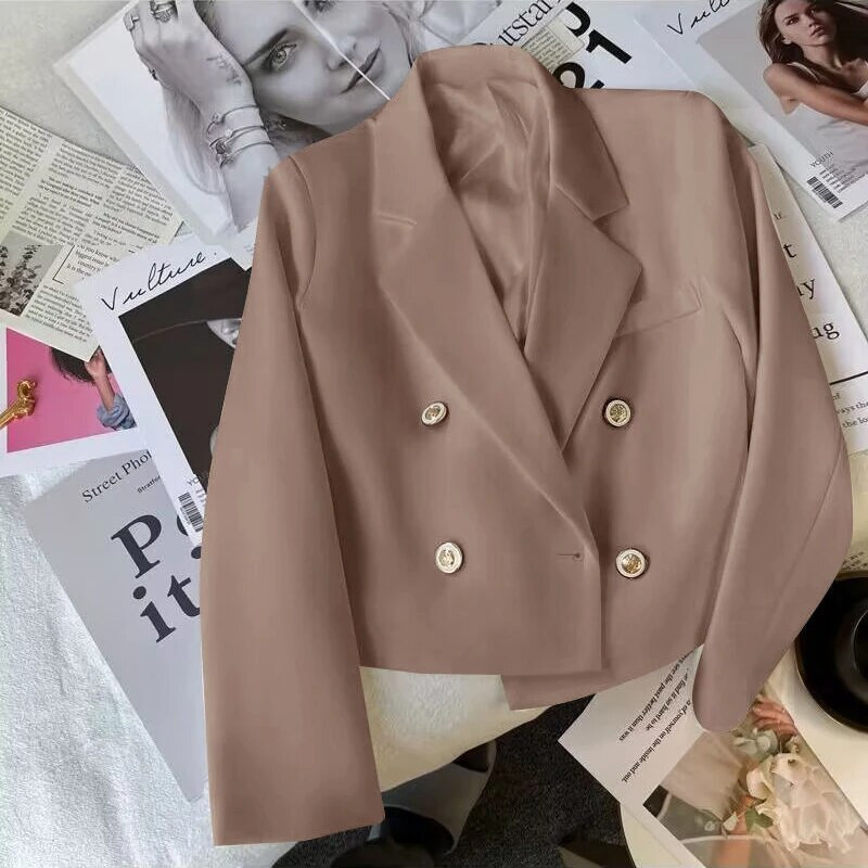 Blazer crop la două piept roz femei coreeană, culoare solidă, costum cu mâneci lungi, haină de birou, jachetă scurtă elegantă, 3xl