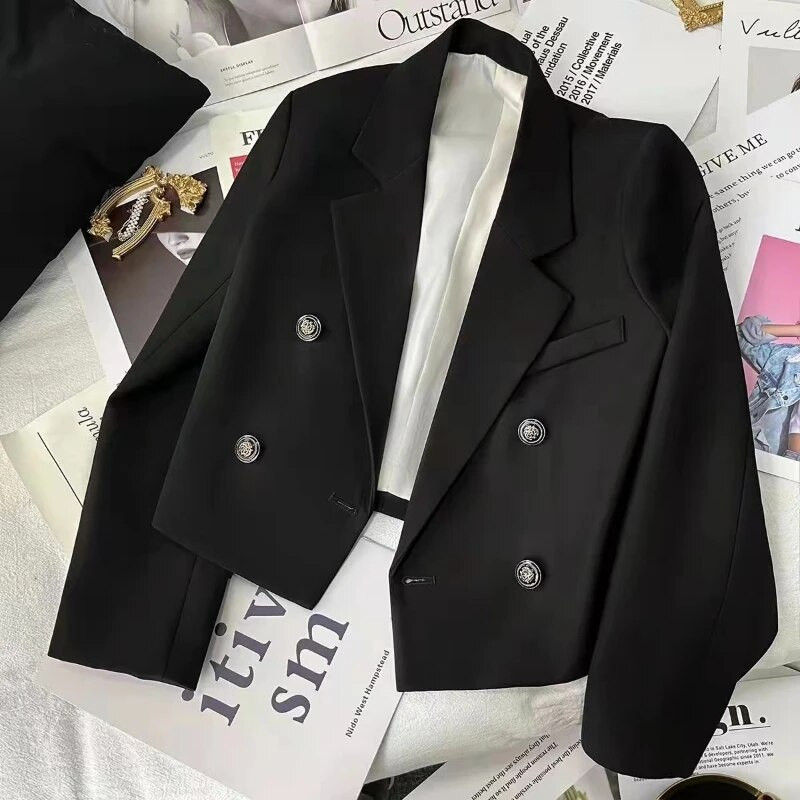 Blazer crop la două piept roz femei coreeană, culoare solidă, costum cu mâneci lungi, haină de birou, jachetă scurtă elegantă, 3xl