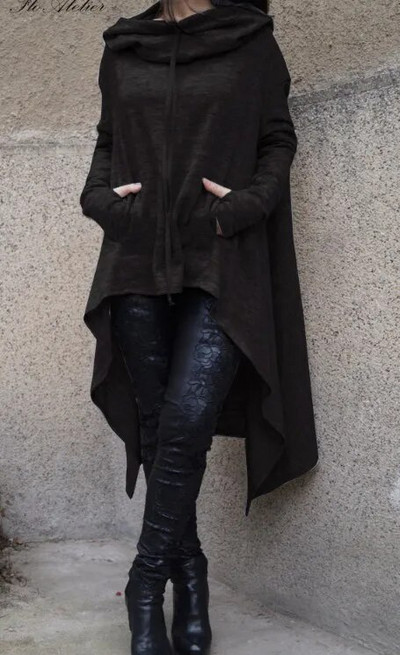 Korėjietiški drabužiai Moteriškas vienspalvis gobtuvas Asimetriškas ilgomis rankovėmis megztinis Suknelė japoniška Y2k elegancija trečiadienio megztinis viršus