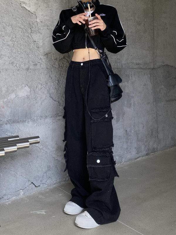 Blugi negri de damă Pantaloni de stradă cu talie înaltă Blugi largi de damă Pantaloni drepți din denim de femeie pentru femei Îmbrăcăminte Blugi