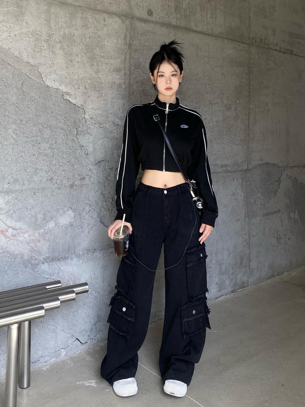 Blugi negri de damă Pantaloni de stradă cu talie înaltă Blugi largi de damă Pantaloni drepți din denim de femeie pentru femei Îmbrăcăminte Blugi