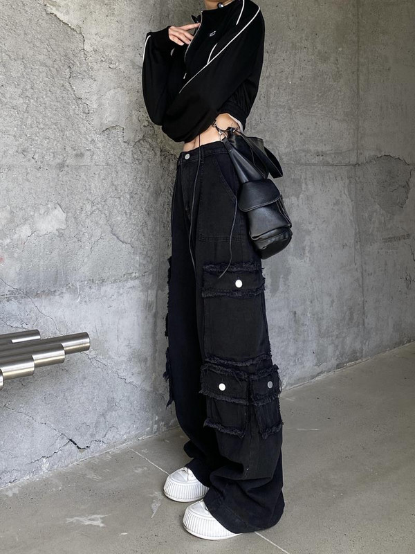 Blugi negri de damă Pantaloni de stradă cu talie înaltă Blugi largi de damă Pantaloni drepți din denim de femeie pentru femei Îmbrăcăminte Blugi