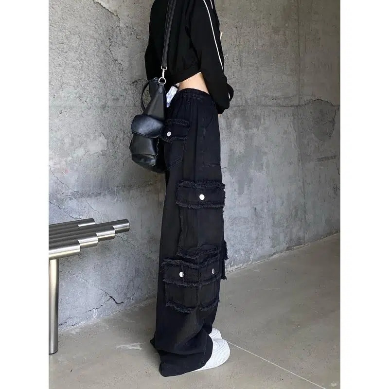 Blugi negri de damă Pantaloni de stradă cu talie înaltă Blugi largi de damă Pantaloni drepți din denim de femeie pentru femei Îmbrăcăminte Blugi