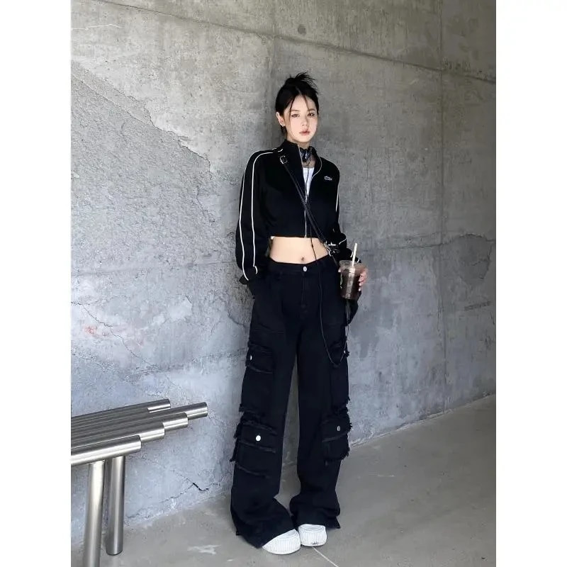 Blugi negri de damă Pantaloni de stradă cu talie înaltă Blugi largi de damă Pantaloni drepți din denim de femeie pentru femei Îmbrăcăminte Blugi