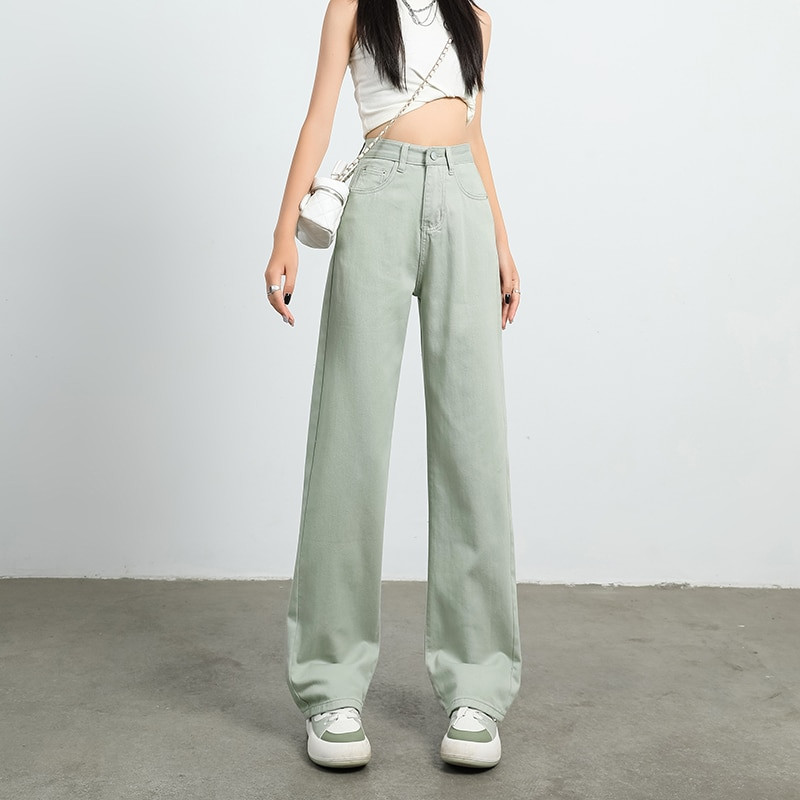 OUSSYU prekės ženklo moteriški džinsai aukštu juosmeniu plačiomis kojomis medvilniniai džinsiniai drabužiai mėlynai balta gatvės apranga Vintažinės mados Harajuku tiesios kelnės