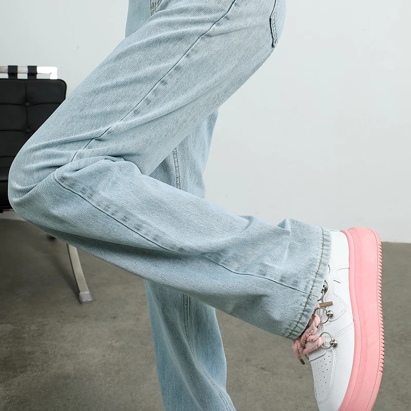 OUSSYU prekės ženklo moteriški džinsai aukštu juosmeniu plačiomis kojomis medvilniniai džinsiniai drabužiai mėlynai balta gatvės apranga Vintažinės mados Harajuku tiesios kelnės