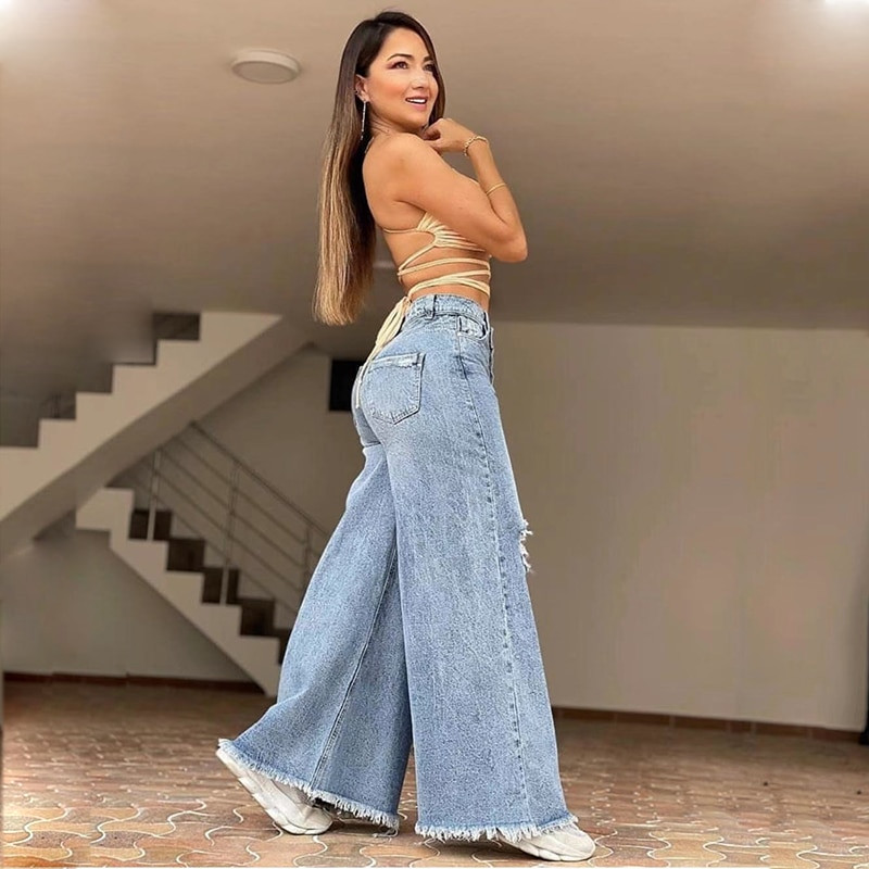 De primăvară și toamnă, blugi rupti cu găuri mari, ciucuri 2022, la moda europeană, talie înaltă, pantaloni largi, drepti, din denim, picior lat