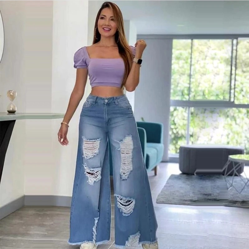 De primăvară și toamnă, blugi rupti cu găuri mari, ciucuri 2022, la moda europeană, talie înaltă, pantaloni largi, drepti, din denim, picior lat