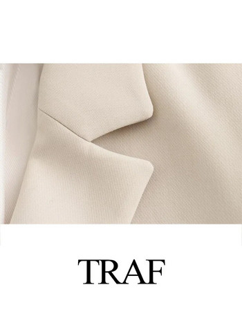 TRAF Γυναικεία μόδα Casual Office ίσια σακάκια μπεζ μπουφάν Γυναικεία κομψά παλτό Μακρυμάνικα μαξιλαράκια ώμου Blazer