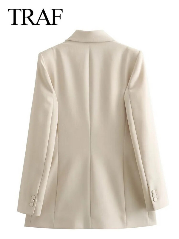 TRAF Moda Femei Ocazional Birou Blazere drepte Jachetă cu nasturi bej Femei Paltoane elegante Maneci lungi Umeri Blazer