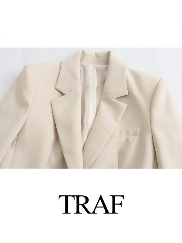 TRAF Moda Femei Ocazional Birou Blazere drepte Jachetă cu nasturi bej Femei Paltoane elegante Maneci lungi Umeri Blazer