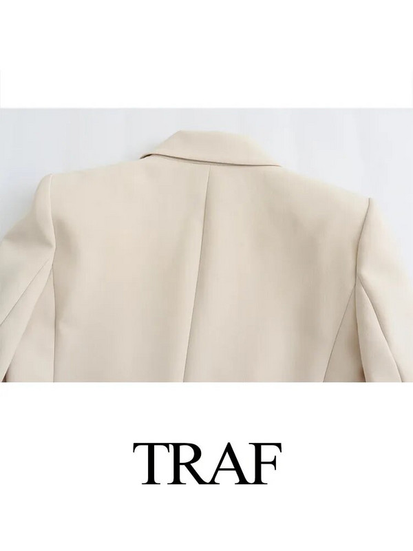 TRAF Moda Femei Ocazional Birou Blazere drepte Jachetă cu nasturi bej Femei Paltoane elegante Maneci lungi Umeri Blazer
