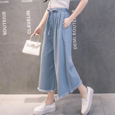 Dámske letné džínsy s vysokým pásom a strapcami, široké nohavice po členky, elastické, s vysokým pásom, veľkosť Vaqueros, pre 95 kg