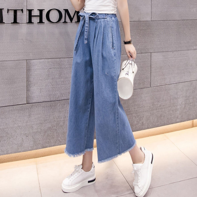 Dámske letné džínsy s vysokým pásom a strapcami, široké nohavice po členky, elastické, s vysokým pásom, veľkosť Vaqueros, pre 95 kg