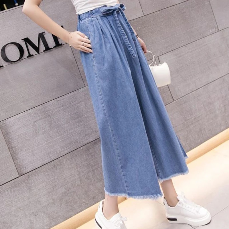 Dámske letné džínsy s vysokým pásom a strapcami, široké nohavice po členky, elastické, s vysokým pásom, veľkosť Vaqueros, pre 95 kg