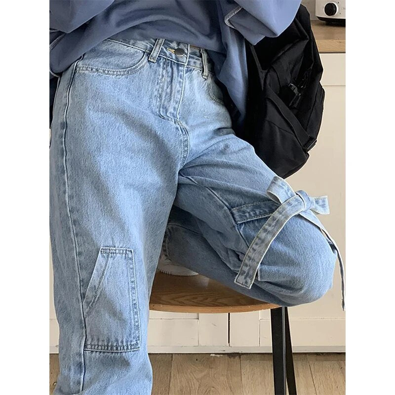 Dámske džínsy MEXZT Streetwear s mašľou, sladké Harajuku, bandážové, široké, džínsové nohavice, kórejské, roztomilé, s vysokým pásom, ležérne, rovné nohavice, nové