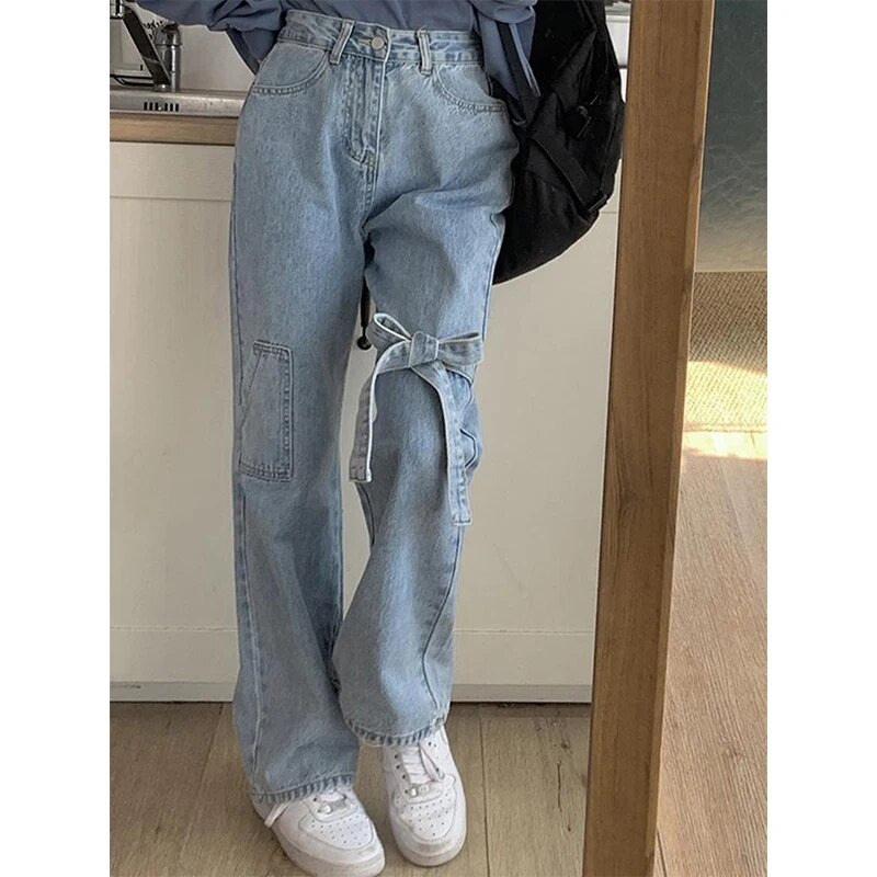 Dámske džínsy MEXZT Streetwear s mašľou, sladké Harajuku, bandážové, široké, džínsové nohavice, kórejské, roztomilé, s vysokým pásom, ležérne, rovné nohavice, nové