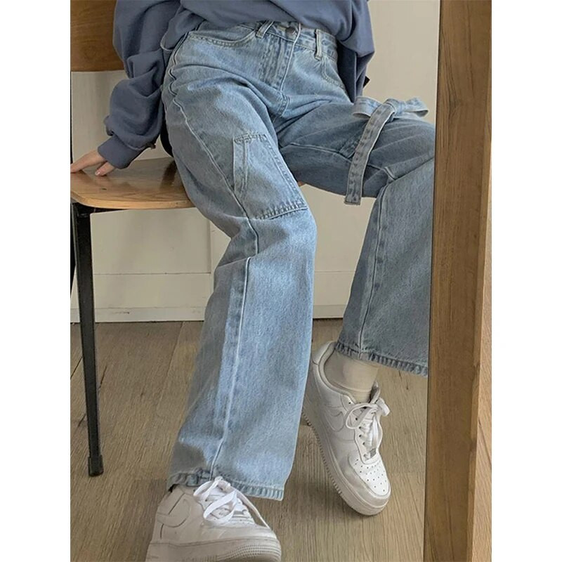 Dámske džínsy MEXZT Streetwear s mašľou, sladké Harajuku, bandážové, široké, džínsové nohavice, kórejské, roztomilé, s vysokým pásom, ležérne, rovné nohavice, nové