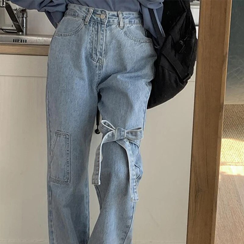 Dámske džínsy MEXZT Streetwear s mašľou, sladké Harajuku, bandážové, široké, džínsové nohavice, kórejské, roztomilé, s vysokým pásom, ležérne, rovné nohavice, nové