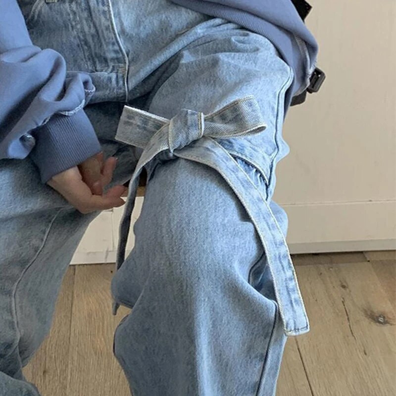 Dámske džínsy MEXZT Streetwear s mašľou, sladké Harajuku, bandážové, široké, džínsové nohavice, kórejské, roztomilé, s vysokým pásom, ležérne, rovné nohavice, nové