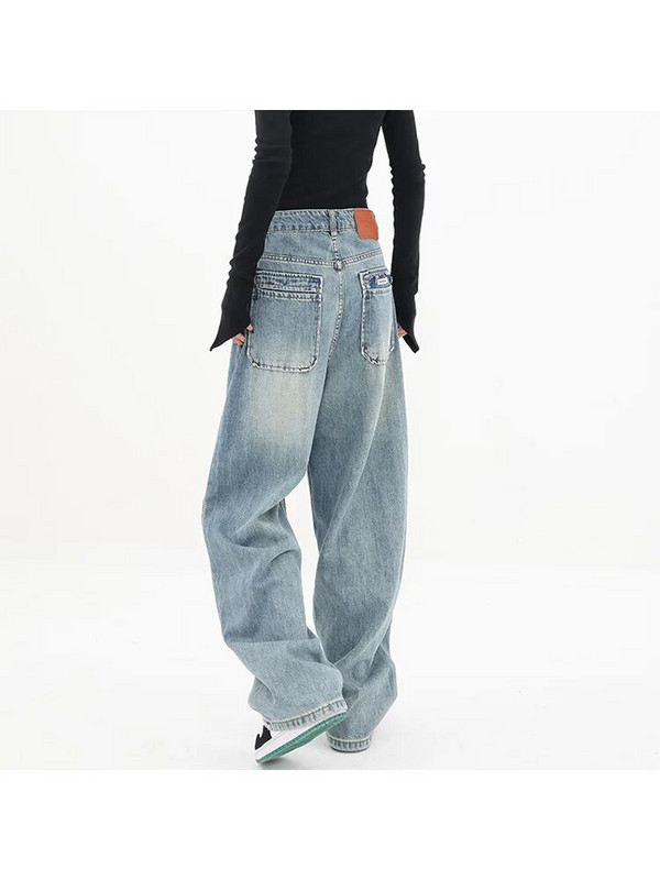 Stil streetwear, vintage, talie înaltă, blugi, pantaloni, blugi, drepți, modă coreeană, ocazional pentru femei, pantaloni largi, Y2K, din denim
