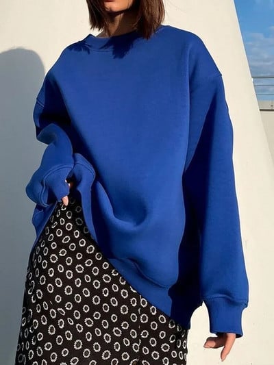 MiuKoMiYa Jednofarebné nadrozmerné mikiny pre ženy, zamatové zimné topy s výstrihom do O, flísové mikiny s kapucňou