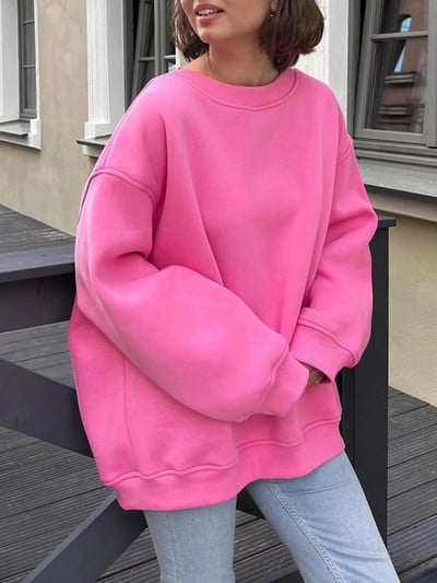 MiuKoMiYa Jednofarebné nadrozmerné mikiny pre ženy, zamatové zimné topy s výstrihom do O, flísové mikiny s kapucňou