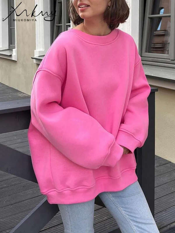 MiuKoMiYa Jednofarebné nadrozmerné mikiny pre ženy, zamatové zimné topy s výstrihom do O, flísové mikiny s kapucňou