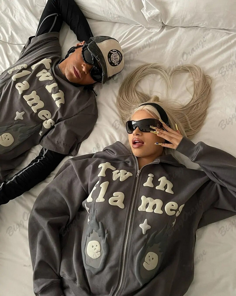 Y2k Clothes Couples Topi Megztiniai Moteriški Goth Streetwear Grunge drabužiai Negabaritinis gobtuvas Nauji Harajuku Puff Print Megztiniai su užtrauktuku