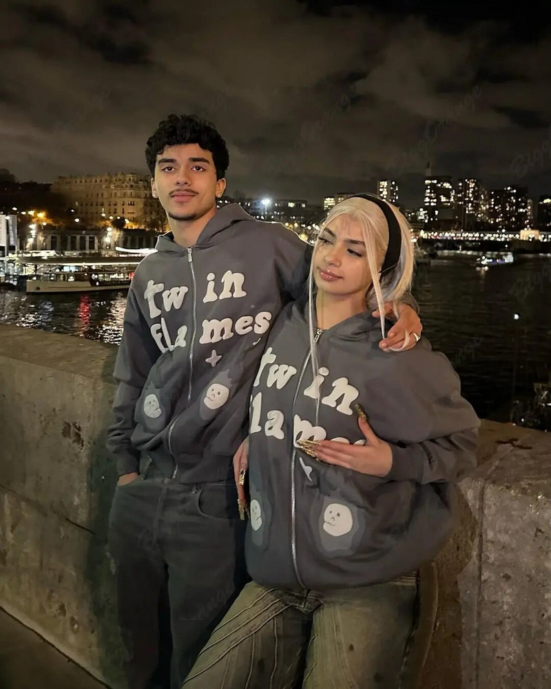 Y2k Clothes Couples Topi Megztiniai Moteriški Goth Streetwear Grunge drabužiai Negabaritinis gobtuvas Nauji Harajuku Puff Print Megztiniai su užtrauktuku