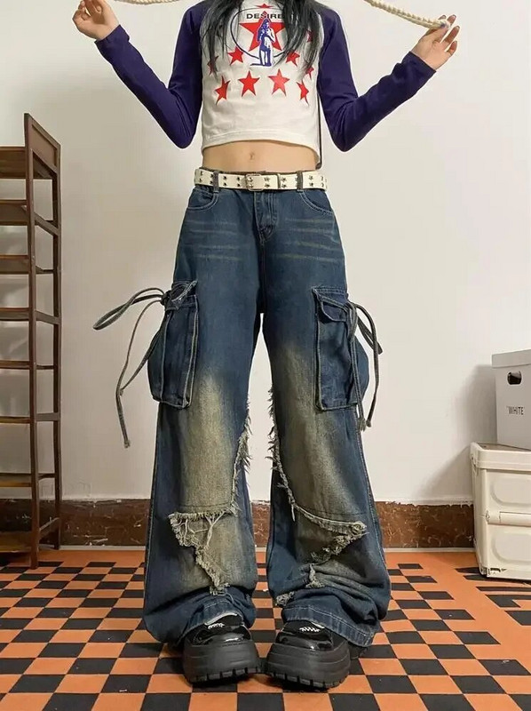 Dámske džínsy s vysokým pásom a šnurovaním v štýle Y2K, ležérne, v štýle High Street, v americkom vintage štýle, v grunge štýle.