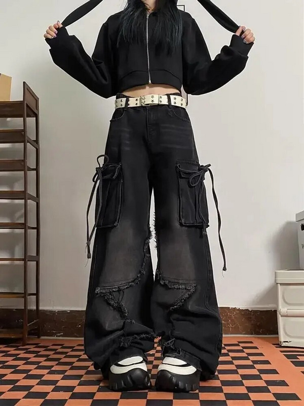 Dámske džínsy s vysokým pásom a šnurovaním v štýle Y2K, ležérne, v štýle High Street, v americkom vintage štýle, v grunge štýle.