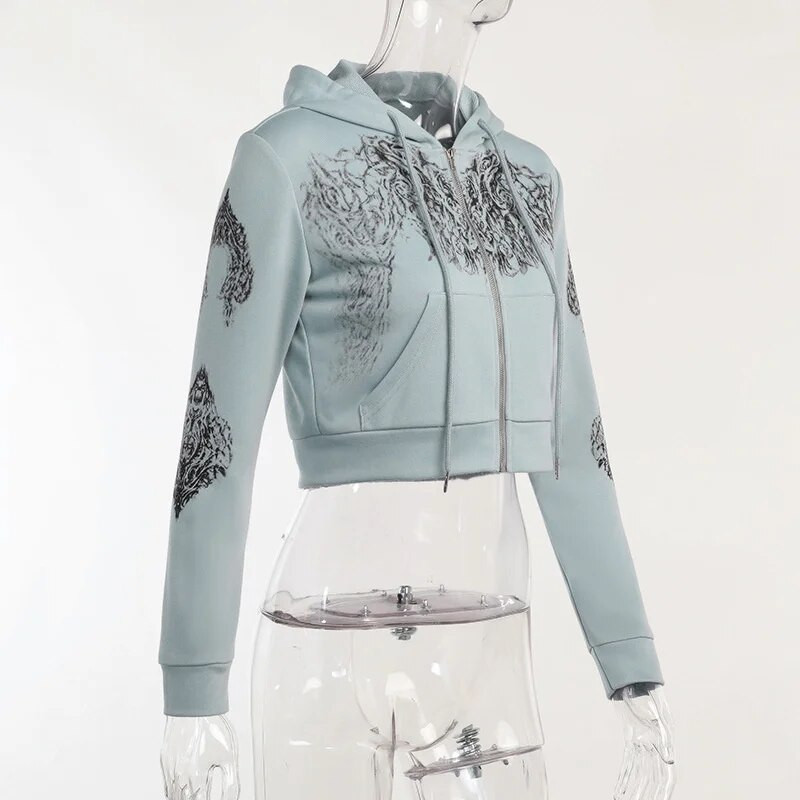 hirigin Harajuku grafická potlač skrátené mikiny E-girl Dark Academia Y2K Vintage zipsová mikina jesenná jarná kabát s dlhým rukávom