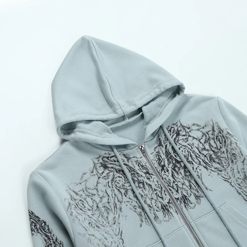 hirigin Harajuku grafická potlač skrátené mikiny E-girl Dark Academia Y2K Vintage zipsová mikina jesenná jarná kabát s dlhým rukávom