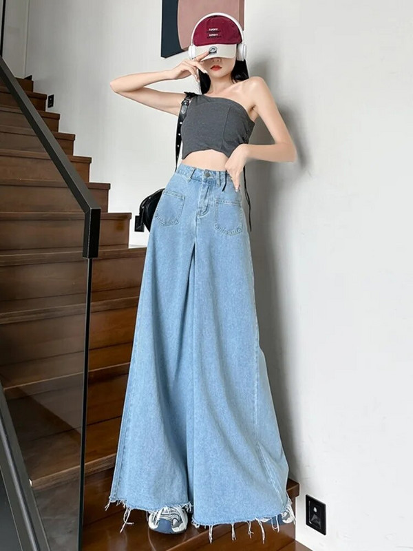 Blugi Femei Vintage largi Talie înaltă Elegantă Streetwear Chic Picior lat Stil coreean Moda All-match Toamna Retro Nou Albastru