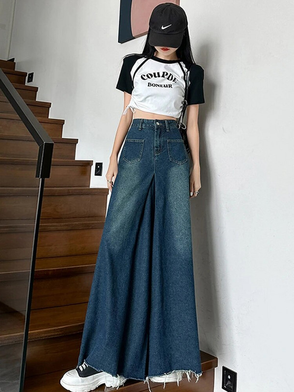 Blugi Femei Vintage largi Talie înaltă Elegantă Streetwear Chic Picior lat Stil coreean Moda All-match Toamna Retro Nou Albastru