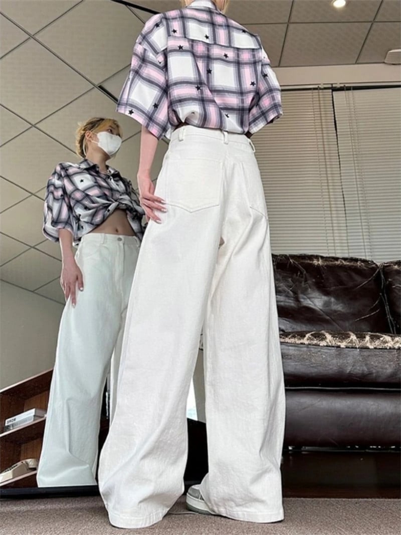 Magas derekú, elegáns egyszerűség sokoldalú, széles lábú, buggyos farmernadrág női alkalmi utcai viselet, sárga női Y2k nadrág farmer nadrág