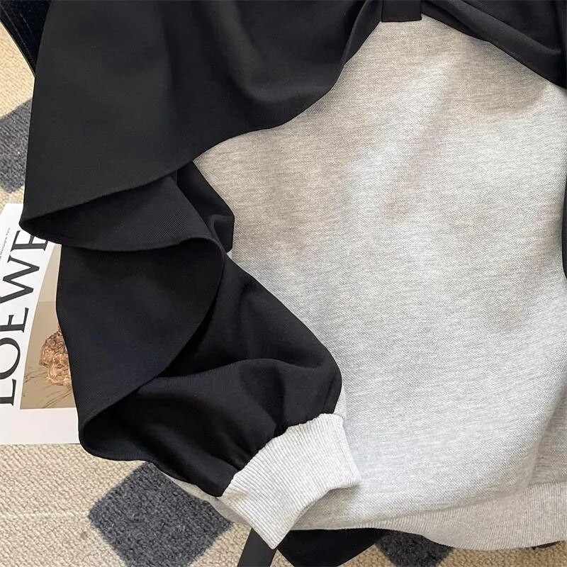 Jarný a jesenný módny falošný dvojdielny voľný sveter s veľkou spletenou mašľou, všestranný cudzinec s okrúhlym výstrihom a dlhým rukávom